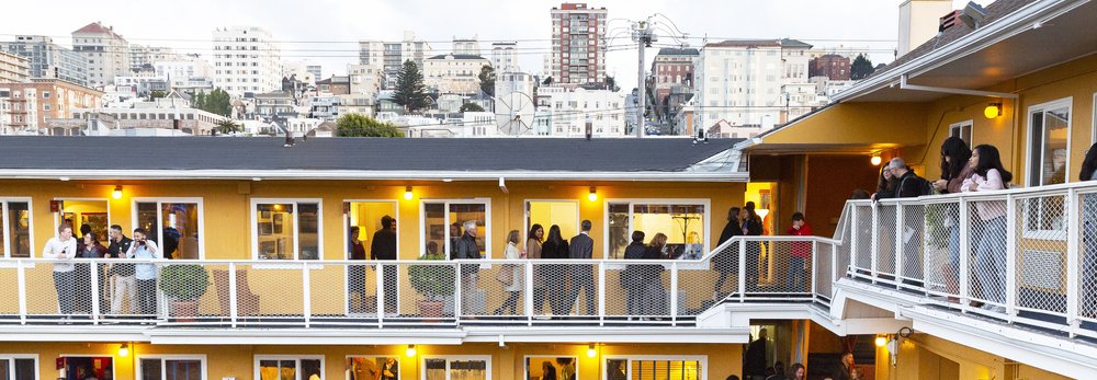 motel walkway with people