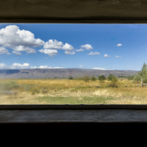 view through a slightly dirty window onto a desert grassland landscape